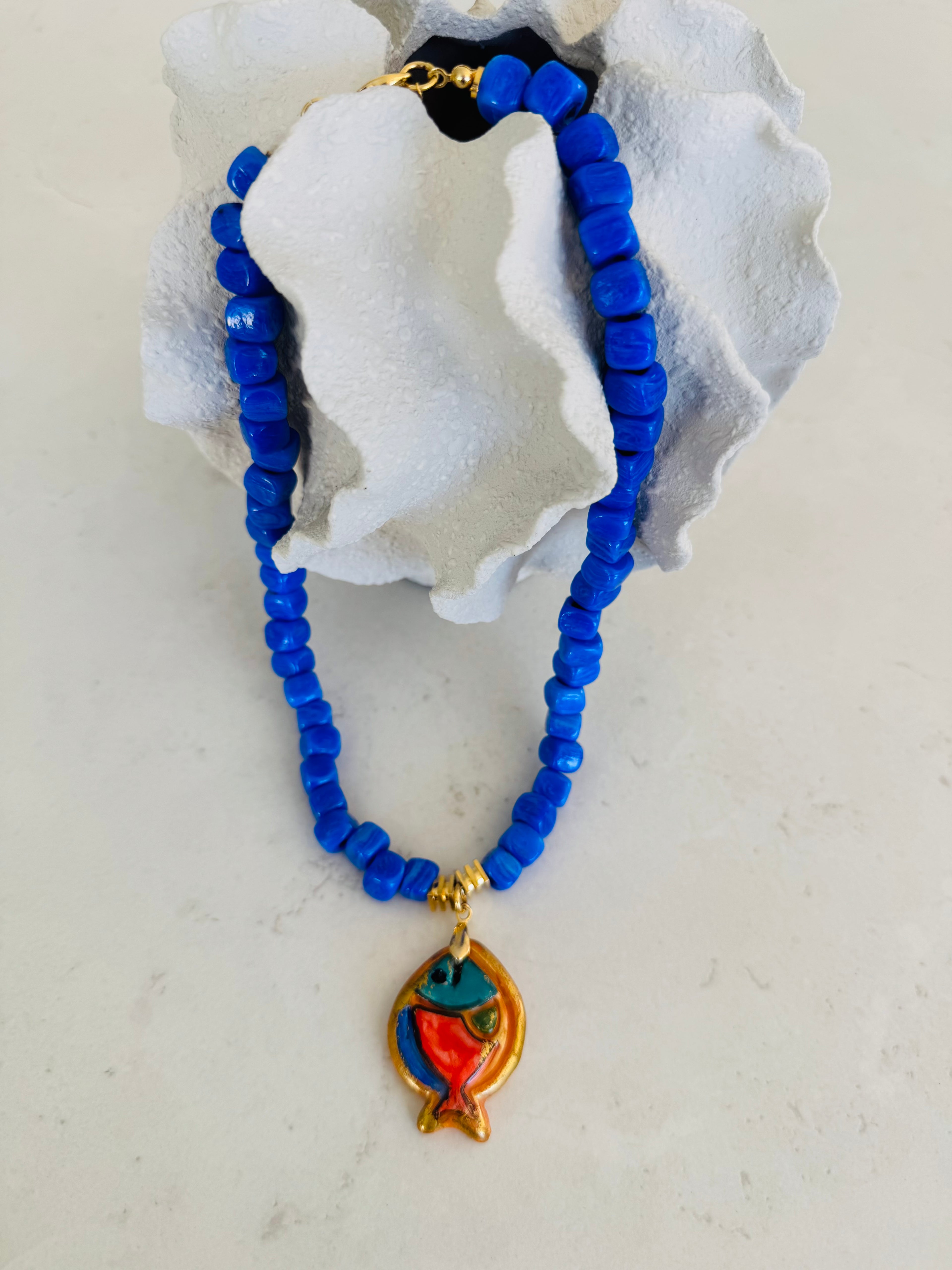 Cobalt Blue Fish Pendant Necklace