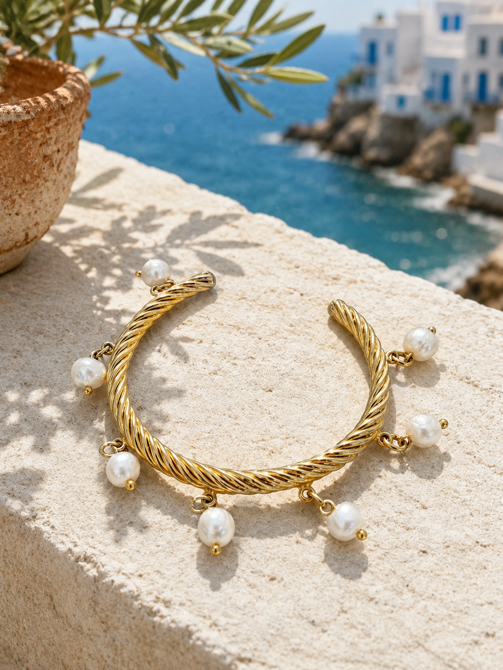 Twisted Rope Pearl Charm Cuff