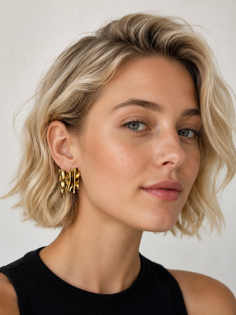 Sculpted Wave Gold Stud Earrings