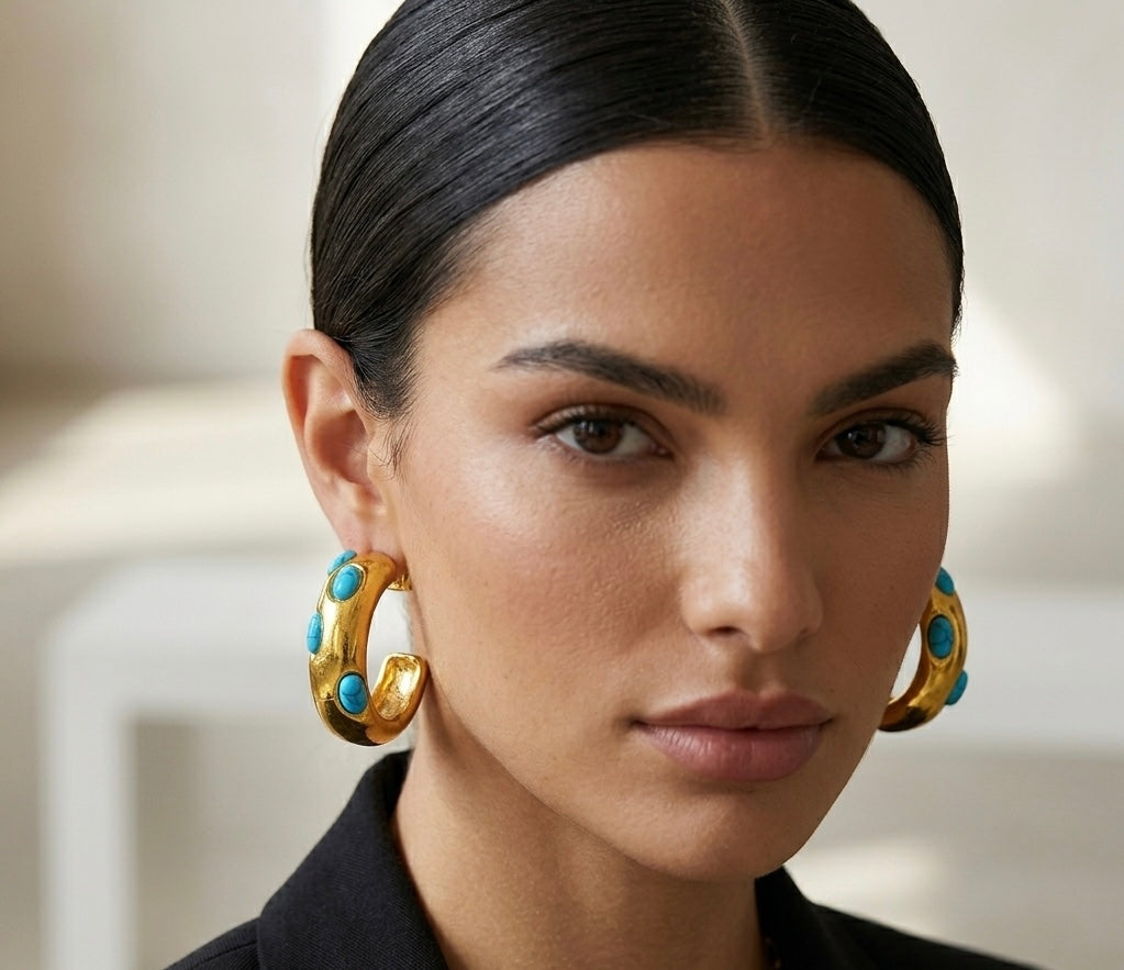 Turquoise & Gold Statement Hoop Earrings