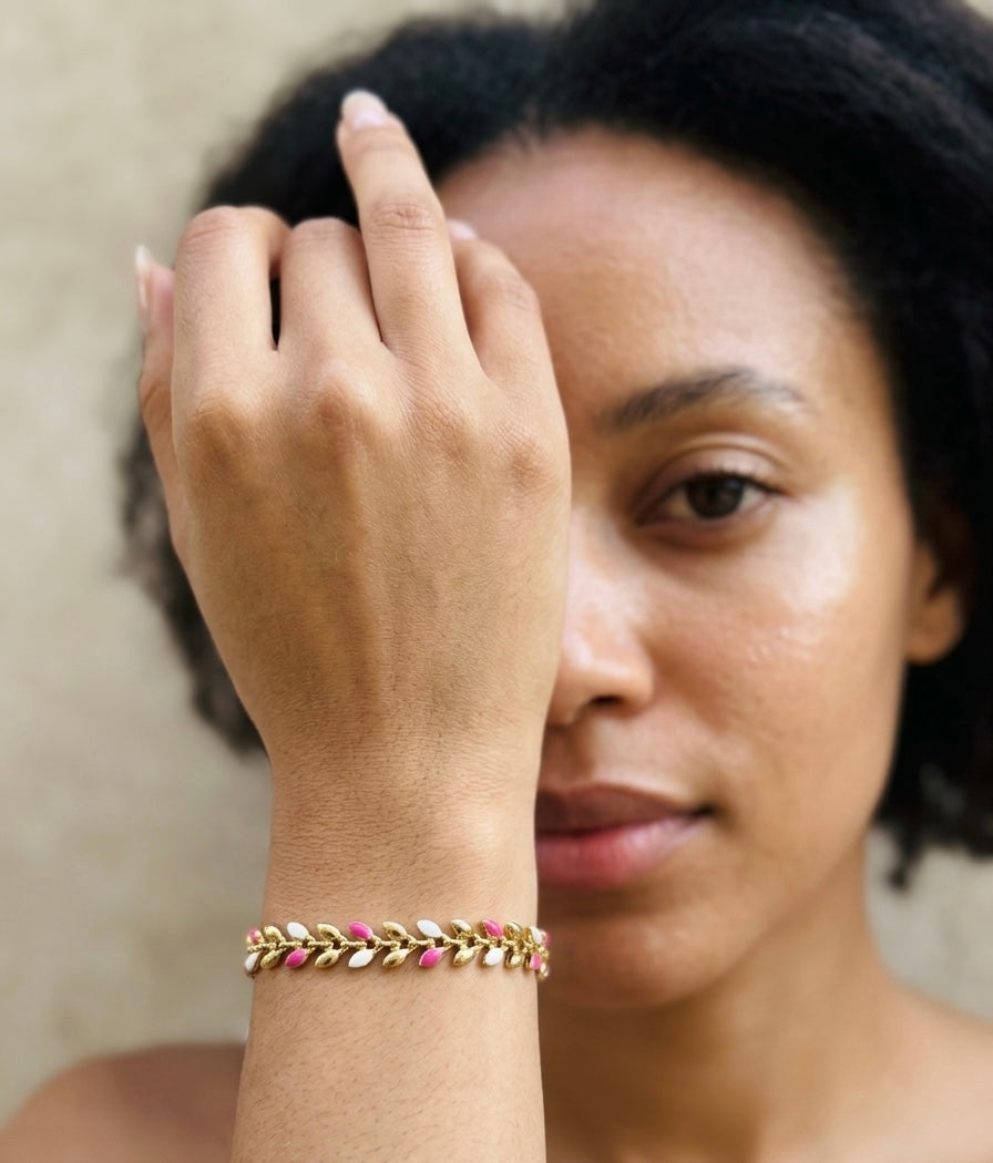 Golden Vine Bracelet with White and Cherry Pink Enamel Details