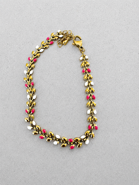 Golden Vine Bracelet with White and Cherry Pink Enamel Details