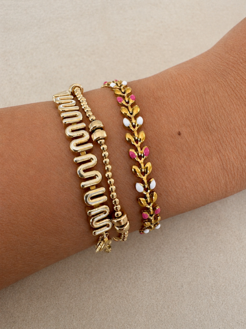 Golden Vine Bracelet with White and Cherry Pink Enamel Details