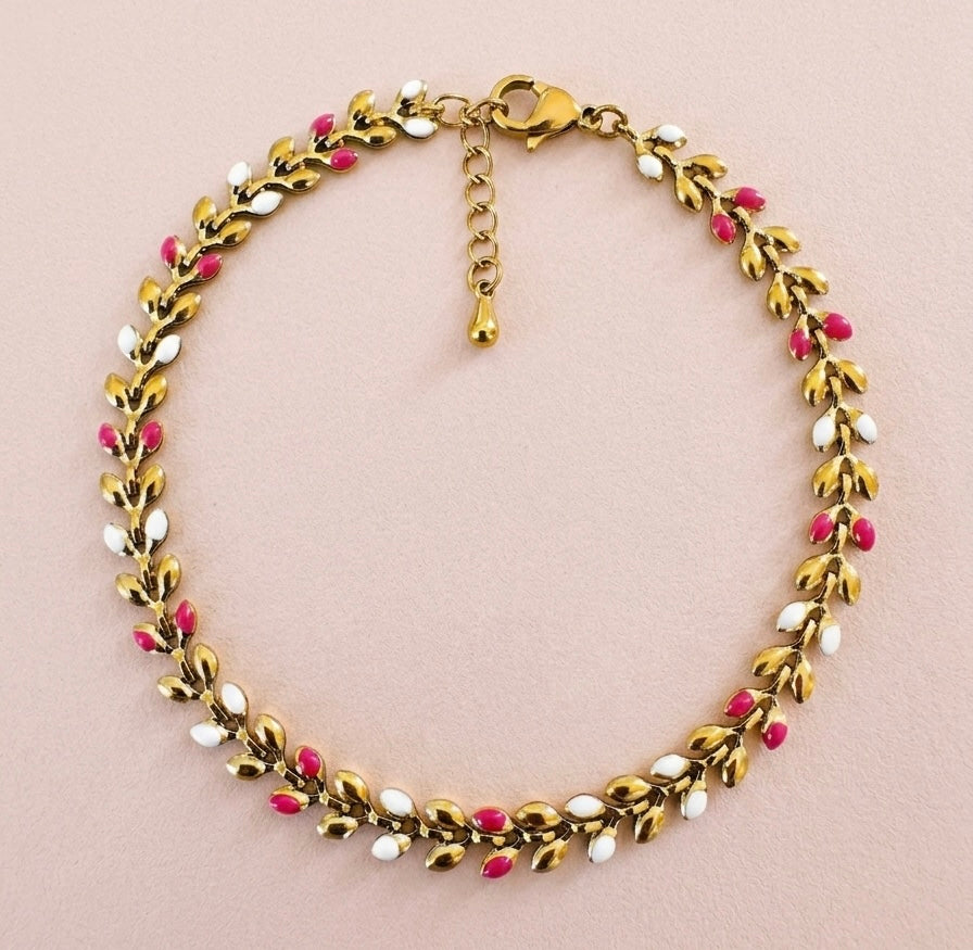 Golden Vine Bracelet with White and Cherry Pink Enamel Details